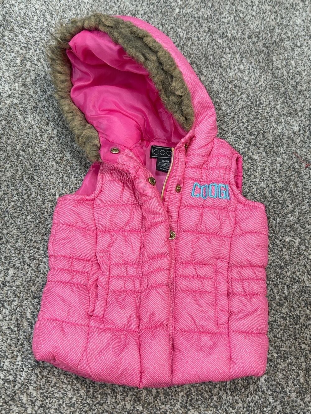 COOGI Baby Girls Pink Puffer Vest 6-9M Faux Fur Hood 2015 Retro